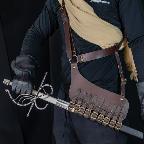 Rigid Nature Hand Crafted Right-Handed Leather Adjustable Rapier Sword Frog Belt w/ Steel Buckle Fastenings – Brown