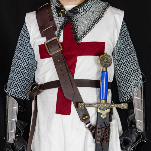 Faire Regular Adjustable Sword Waist Hanger Handmade Leather Baldric Belt w/ Antiqued Brass Hardware- Brown