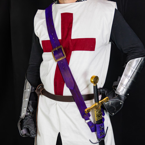 Faire Regular Adjustable Sword Waist Hanger Handmade Leather Baldric Belt w/ Antiqued Brass Hardware- Purple