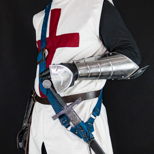 Faire Regular Adjustable Sword Waist Hanger Handmade Leather Baldric Belt w/ Antiqued Brass Hardware- Blue