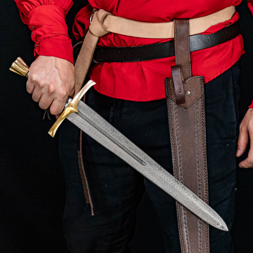 Lay Waste Hand Forged Damascus Steel Medieval Inspired Double Edge Dagger Short Sword w/ Gold, Red & Silver Wire Wrapped Handle