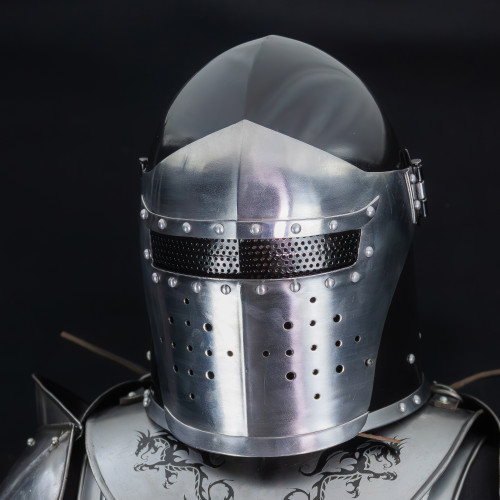 Stronghold Under Siege Forged 16G Steel Dual Tone Costume Reenactment Visored Barbuta Helm w/ Eye Guard Leather Liner & Adjustable Chin Strap