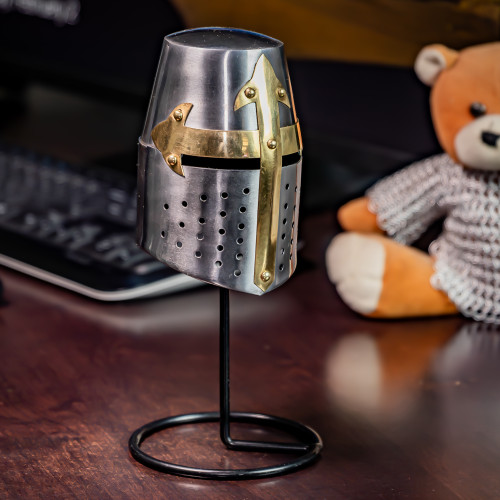 Distant Ambitions Miniature 20G Steel Templar Crusader Great Helm Helmet Replica w/ Brass Accents & Iron Stand Included