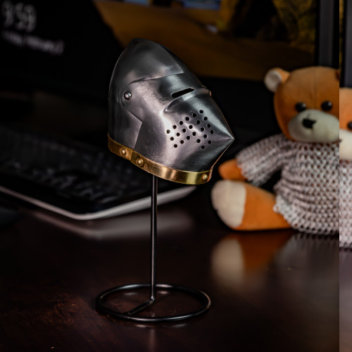 Impact Redirection 20G Steel Miniature Display Medieval Hounskull Bascinet Helmet Helm Home Office Décor w/ Iron Stand Included