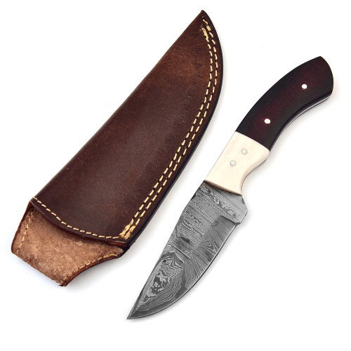 Dusk til Dawn Damascus Steel Full Tang Hunting Knife | Leather Sheath Included