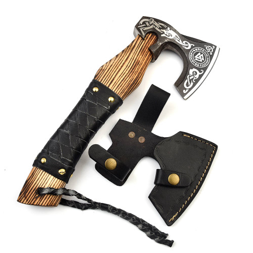 Etched Viking Bearded Axe w/ Leather Wrapped Handle | Black w/ Black Sheath | B