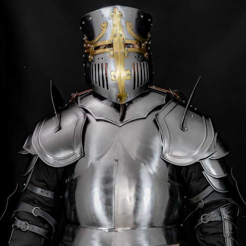 Functional Medieval Pot Helmet with Brass Trimming - Real Leather Inliner & Brass Buckle