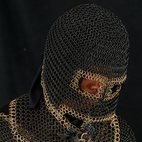 Butted Chainmail Coif Full Face Coverage | Black Chainmail Armor Coif with Double Gold Ring Line | For Reenactments and Cosplay