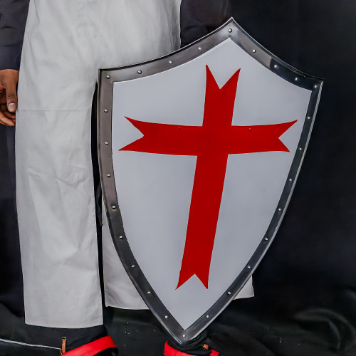 Medieval Knight Crusader Shield with White Painted Steel and Red Cross Design