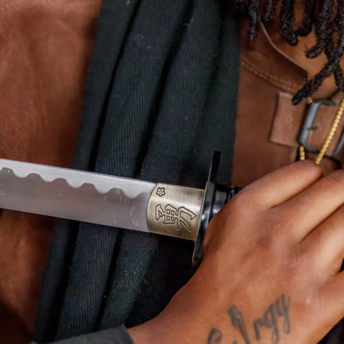 Replica Carbon Steel Sword with Matte Black Scabbard & Etched Bushido Code