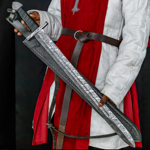 Hand-Forged Damascus Steel Sword Leather Sheath