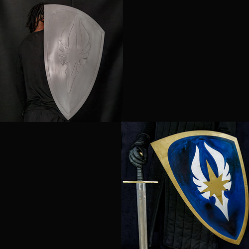 Blue LARP Elven Shield Painted and Polished | Mild Steel Construction w/Belt and Iron Roller Buckle