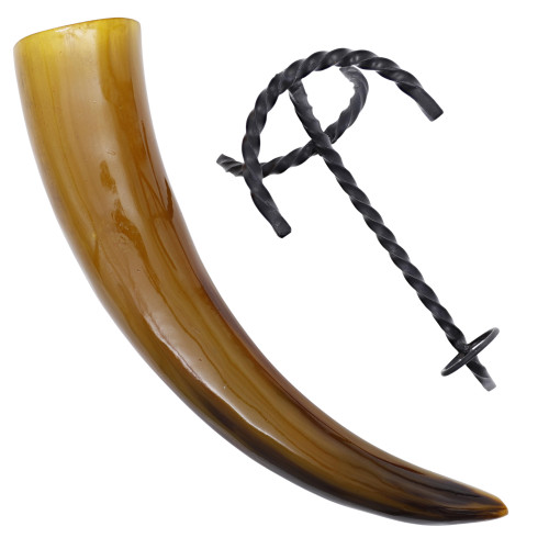 Tiger’s Eye Warrior’s Feasting Horn with Hand-Forged Twisted Iron Stand – Viking Set