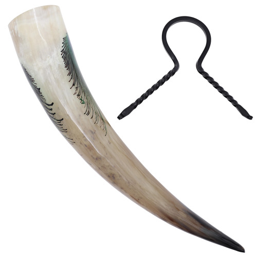 Medieval Peacock Feasting Horn with Hand-Forged Rack – Viking Set