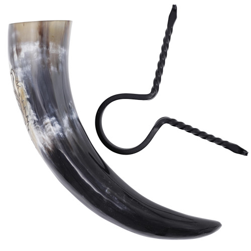 Renaissance Rampant Lion Drinking Horn with Hand-Forged Rack – Medieval Set