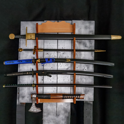 Wooden 6-Piece Sword Wall Display – Multi-Tier Collector Rack