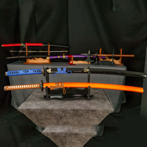 Wooden 2-Piece Sword Table Display Black – Dual Stand Collector Rack