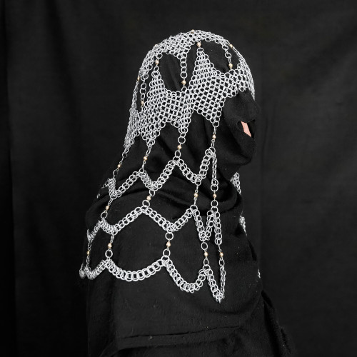 Medieval Silver Chainmail Coif with Draped Shoulder Chains for Reenactment