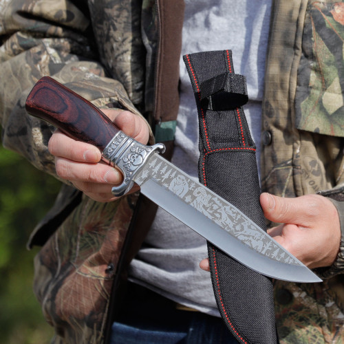 Forest Scene Engraved 12.75" Survival Fixed Blade Knife – Etched Wildlife Stainless Steel Blade, Compass Pommel, Full Tang w/ Sheath