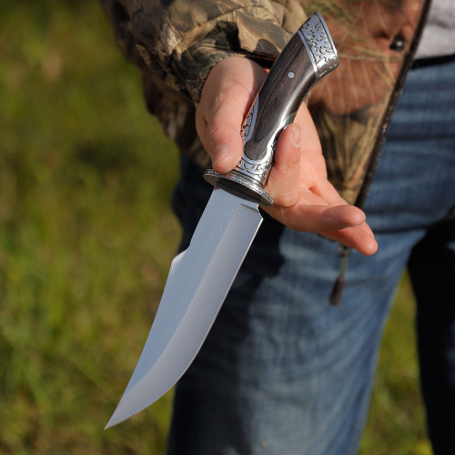 12.25" Clip Point Fixed Blade Knife – Mirror Polished Stainless Steel, Full Tang, Hardwood Handle w/ Nylon Sheath