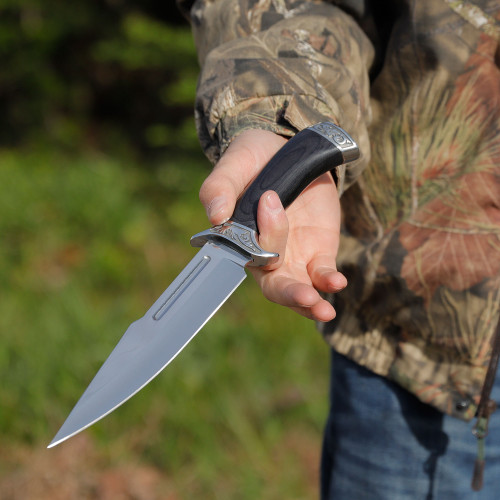 12.25" Drop Point Fixed Blade Knife – Mirror Polished Stainless Steel w/ Blood Groove, Full Tang, Hardwood Handle & Sheath