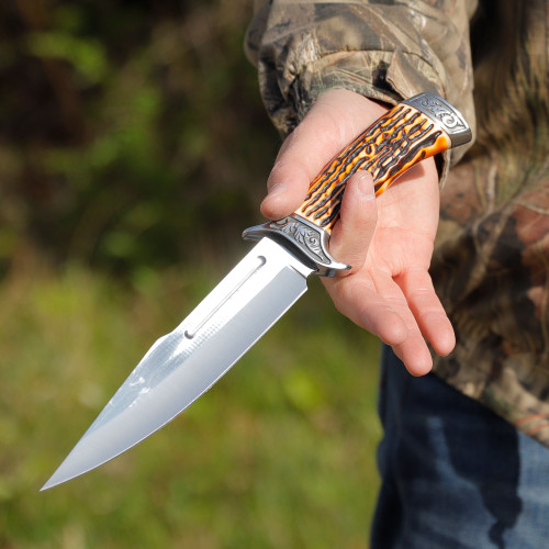 12.25" Hunting Fixed Blade Knife – Mirror Polish Stainless Steel Drop Point w/ Blood Groove, Faux Stag Handle & Sheath