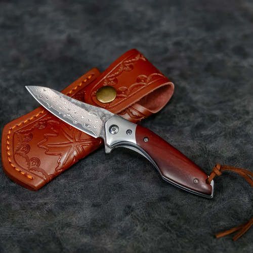 Bolstering Engraved Top Class Folding Knife – Damascus Pattern Blade with Leather Sheath