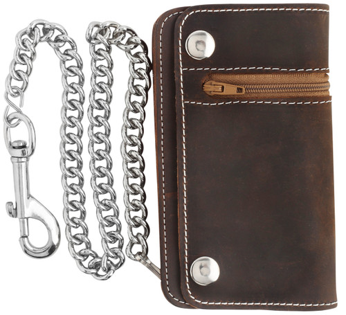F&L CLASSIC Men's Tri-fold Vintage Long Style 6" Cow Top Grain Leather Steel Chain Wallet,Made In USA,Snap closure,pu420,crazy horse brown