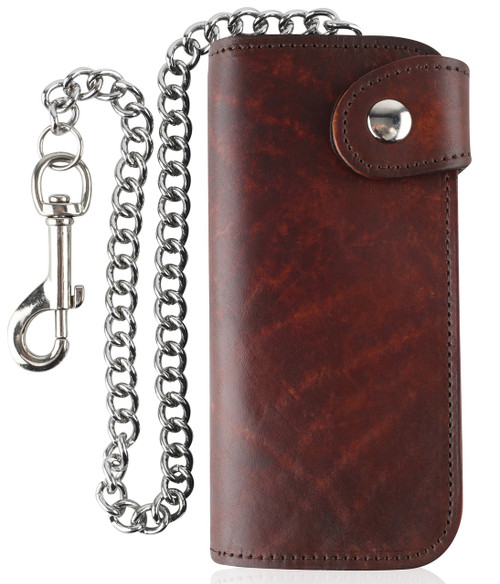 F&L CLASSIC RFID Blocking Men's Bifold Vintage Long Style Cow Top Grain Leather Steel Chain Wallet,Made In USA,Snap closure,Brown