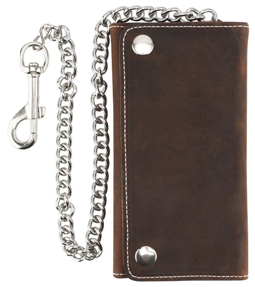 F&L CLASSIC RFID Blocking Men's Tri-fold Vintage Long Style Cowhide Top Grain Leather Steel Chain Wallet,Snap closure, Made In USA,Antique crazy horse brown