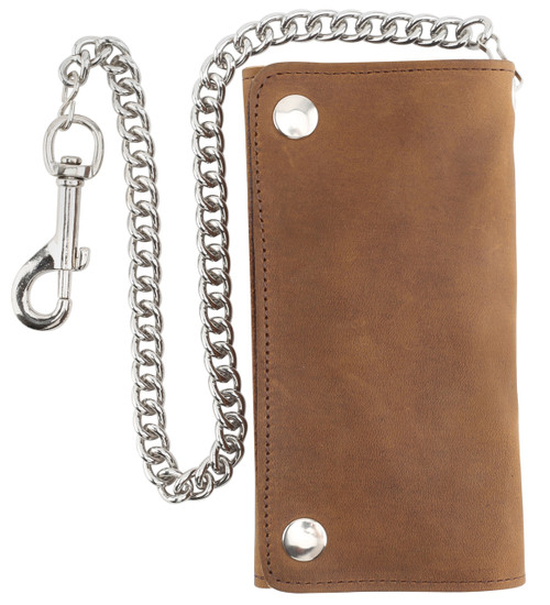F&L CLASSIC RFID Blocking Men's Tri-fold Vintage Long Style Cowhide Top Grain Leather Steel Chain Wallet,Snap closure, Made In USA,crazy horse brown