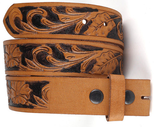 Belt for buckle Western Leather Engraved Tooled Strap w/Snaps for Interchangeable Buckles - 2022-03