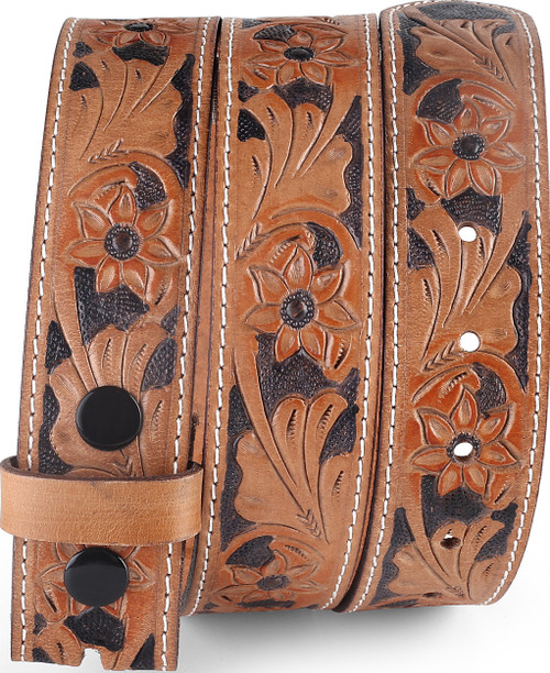 Belt for buckle Western Leather Engraved Tooled Strap w/Snaps for Interchangeable Buckles -2022-07
