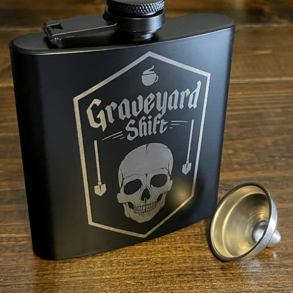Graveyard Shift Engraved Flask Seventh.Ink