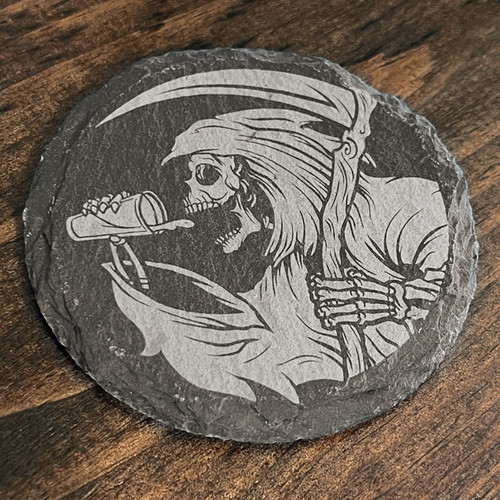 Drinkin Reaper 4" Engraved Circular Slate Coaster by Seventh.Ink