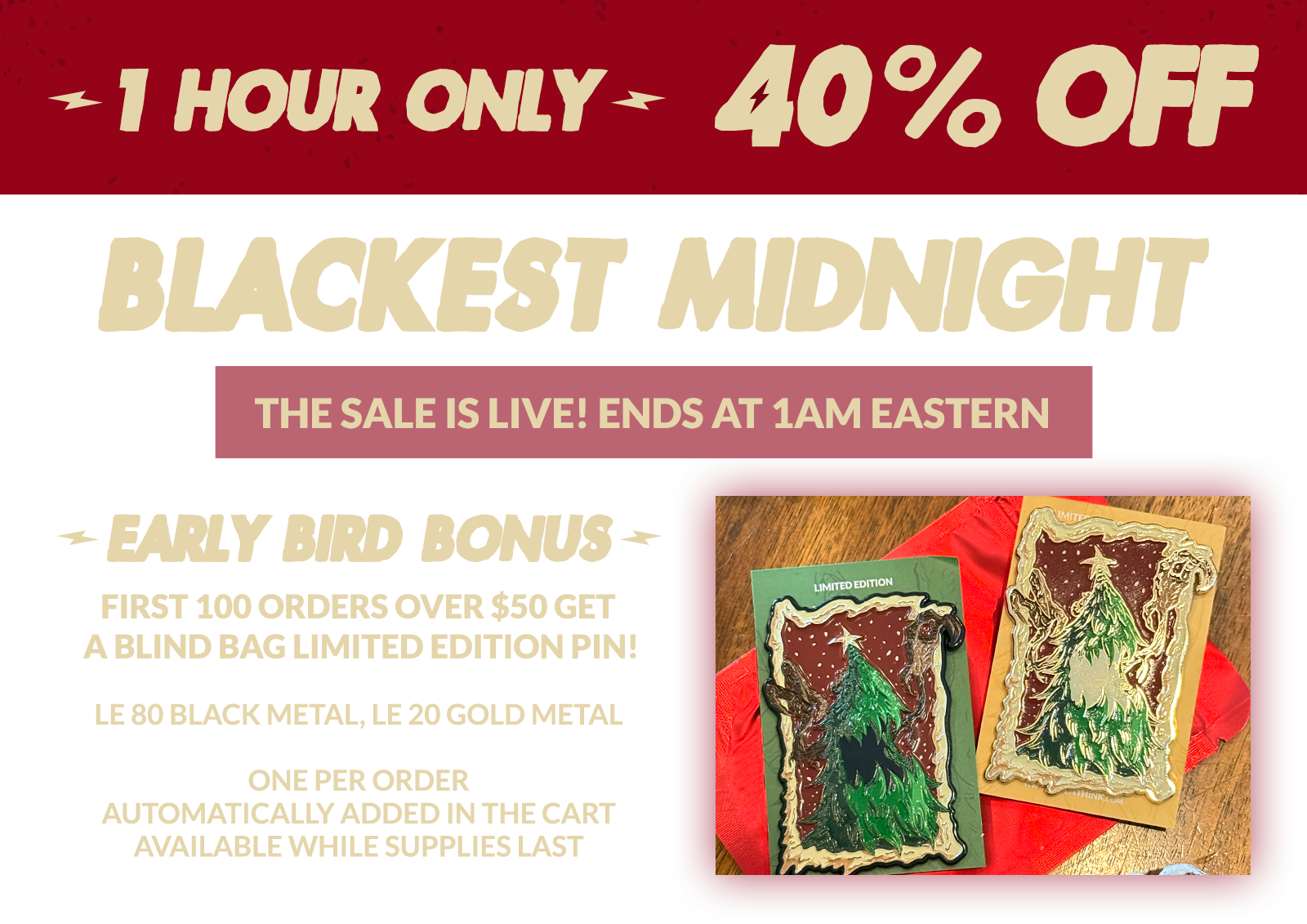 1 hour only - 40% off Blackest Midnight Sale is LIVE! Ends at 1am Eastern tonight