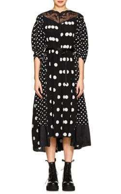 Lace-Trimmed Polka Dot Silk Midi-Dress