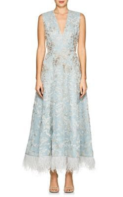 Feather-Trimmed Beaded Silk Cocktail Dress