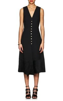 Snap-Front Cady V-Neck Midi-Dress