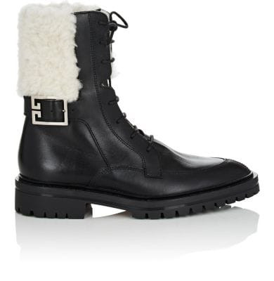 Shearling-Trimmed Leather Combat Boots