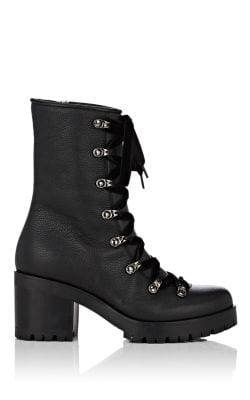 Grained Leather & Shearling Lace-Up Ankle Boots