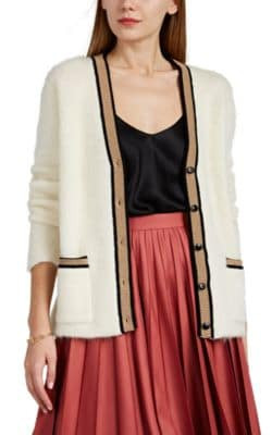 Striped-Trim Fuzzy Wool-Blend Cardigan