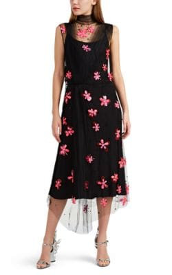 Petal-Embellished Fine Tulle & Silk Midi-Dress