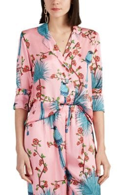 Bird- & Floral-Print Satin Pajama Shirt