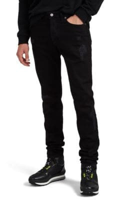 Flame-Motif Distressed Skinny Jeans