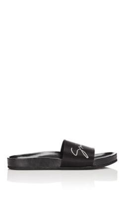 Crystal-Logo Satin Slide Sandals
