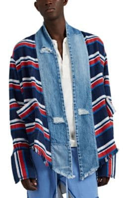Denim-Trimmed Striped Flannel Kimono Shirt