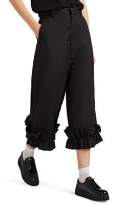 Ruffled Cotton Crop Wide-Leg Pants