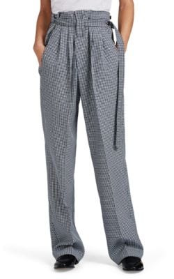 Gingham Houndstooth-Weave Belted Wide-Leg Pants