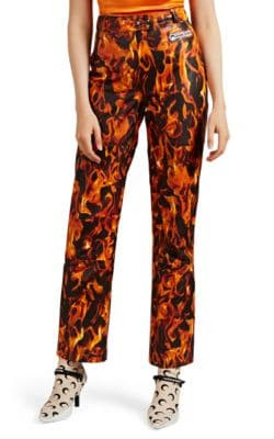 Flame-Graphic Leather Pants